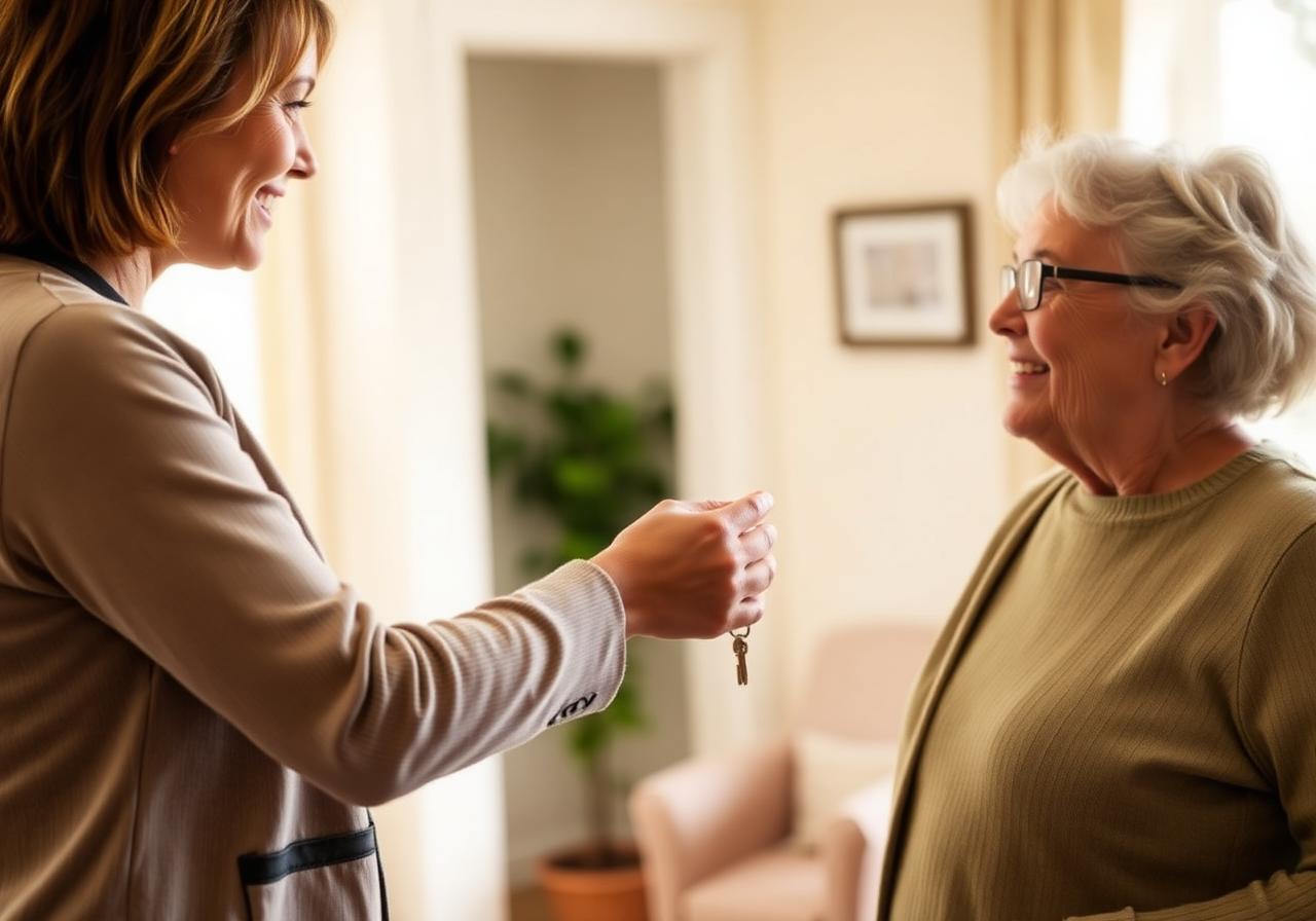 Support worker handing keys to a new resident
